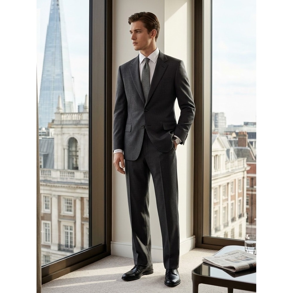 Burberrys Vintage Mens 42L Wool Suit Charcoal Gray 2 Piece Pleated Cuffed USA